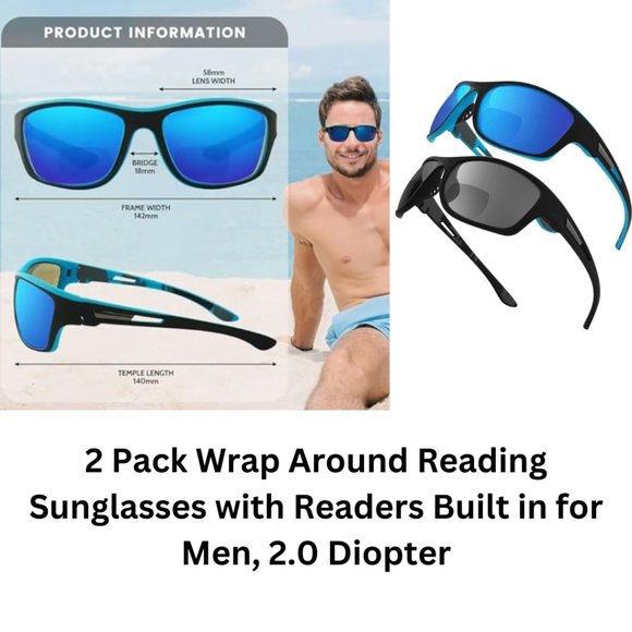Bifocal Sunglasses Men Sunglass Readers - 2 Pack Warp Around Reading Sunglasses - Picture 1 of 9